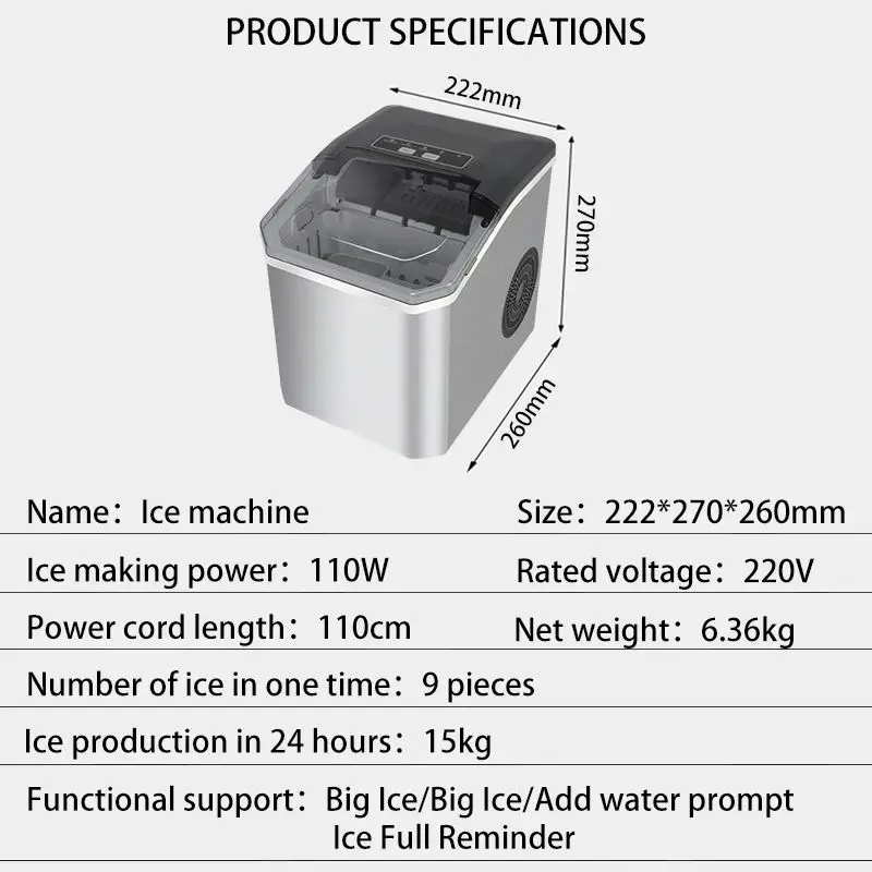 IJsmachine Automatisch RVS 110W 15kg Per Dag Keuken Bar Kantoor Zelfreinigend Ijsblokjesmachine 2 Maten Snel 9 Blokjes | Sansoti