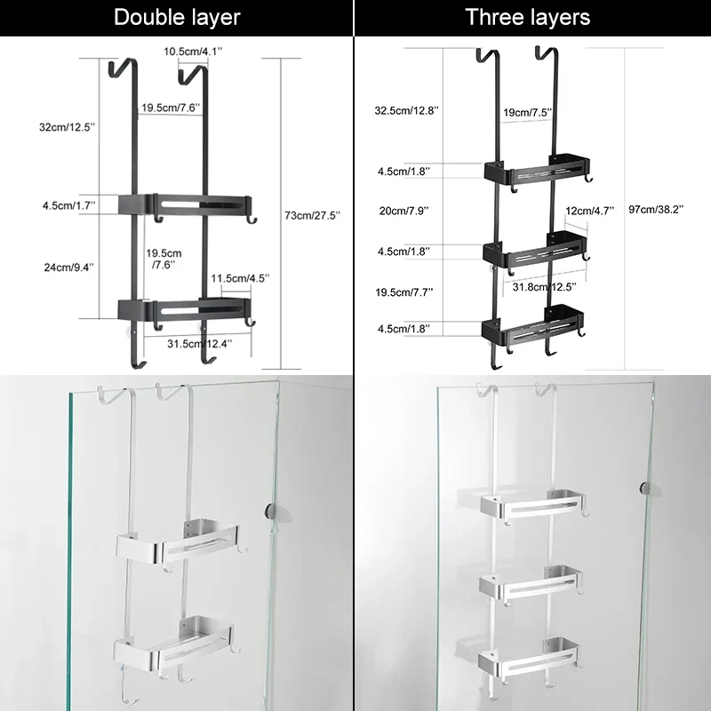 Doucherek Aluminium Zwart Zilver 2 of 3 Laags Hangend Douchedeur Badkamerkast Geen Boren Shampoohouder Opbergrek Badkamer Organizer | Sansoti