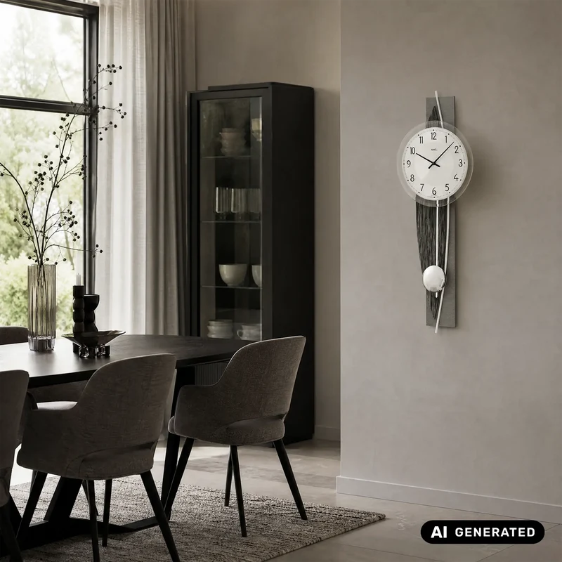 AMS W7458 Wanduhr Holzdekor/Aluminium • Quarz-Pendelwerk • Mineralglas Facettiert