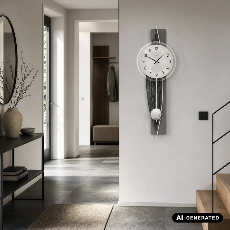 AMS W7458 Wanduhr Holzdekor/Aluminium • Quarz-Pendelwerk • Mineralglas Facettiert