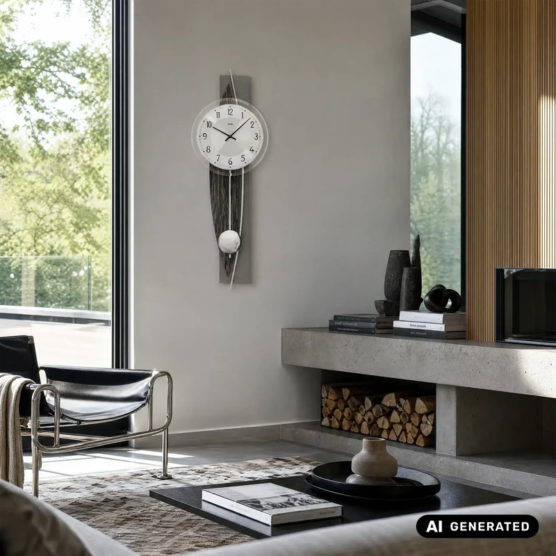 AMS W7458 Wanduhr Holzdekor/Aluminium • Quarz-Pendelwerk • Mineralglas Facettiert