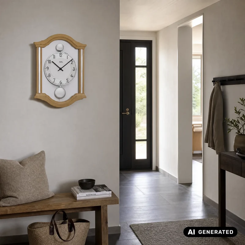 AMS Doppelpendeluhr W7447/18 Wanduhr Buche • Quarz-Pendelwerk • Massivholzgehäuse