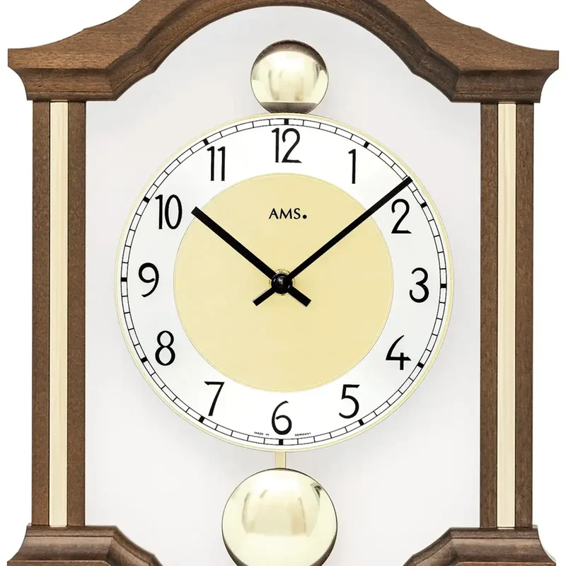 AMS Doppelpendeluhr W7447/1 Wanduhr Nussbaum • Quarz-Pendelwerk • Massivholzgehäuse
