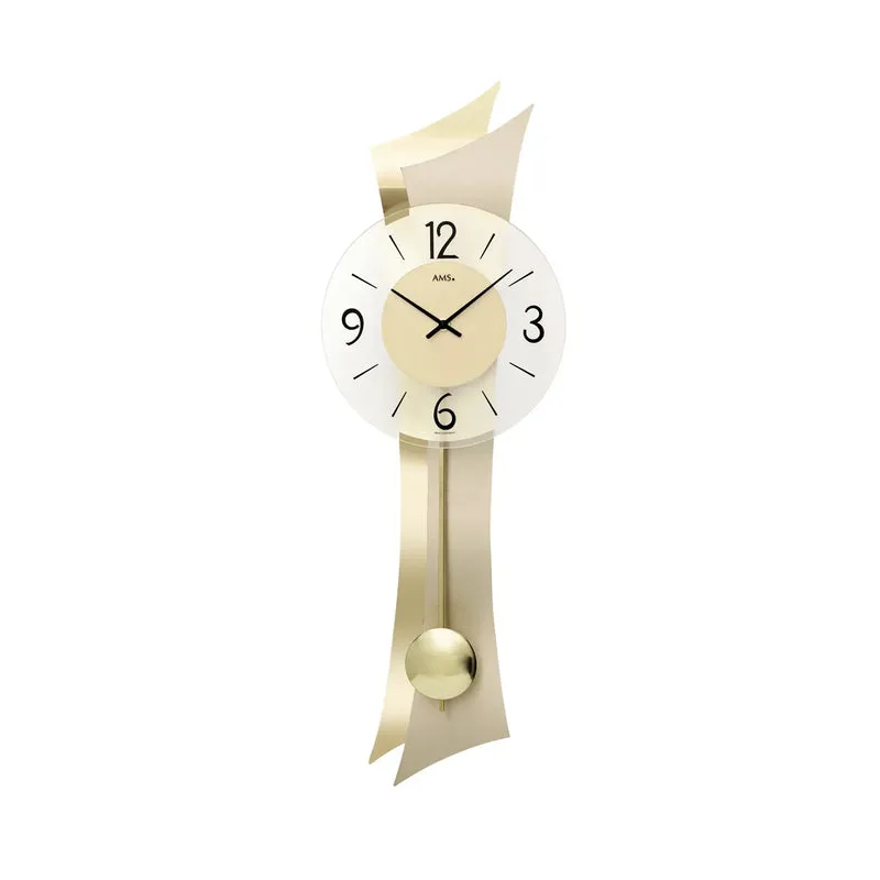 AMS W7427 Wanduhr Messing • Quarz-Pendelwerk • Geschwungenes Holzgehäuse