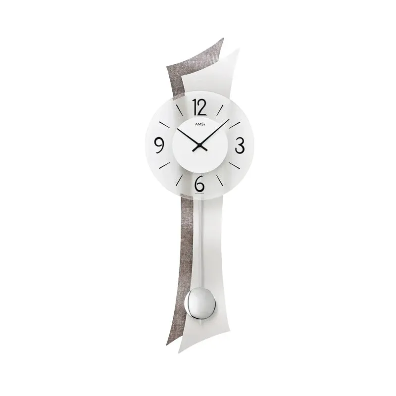 AMS W7426 Wanduhr Kunstleder • Quarz-Pendelwerk • Geschwungenes Holzgehäuse