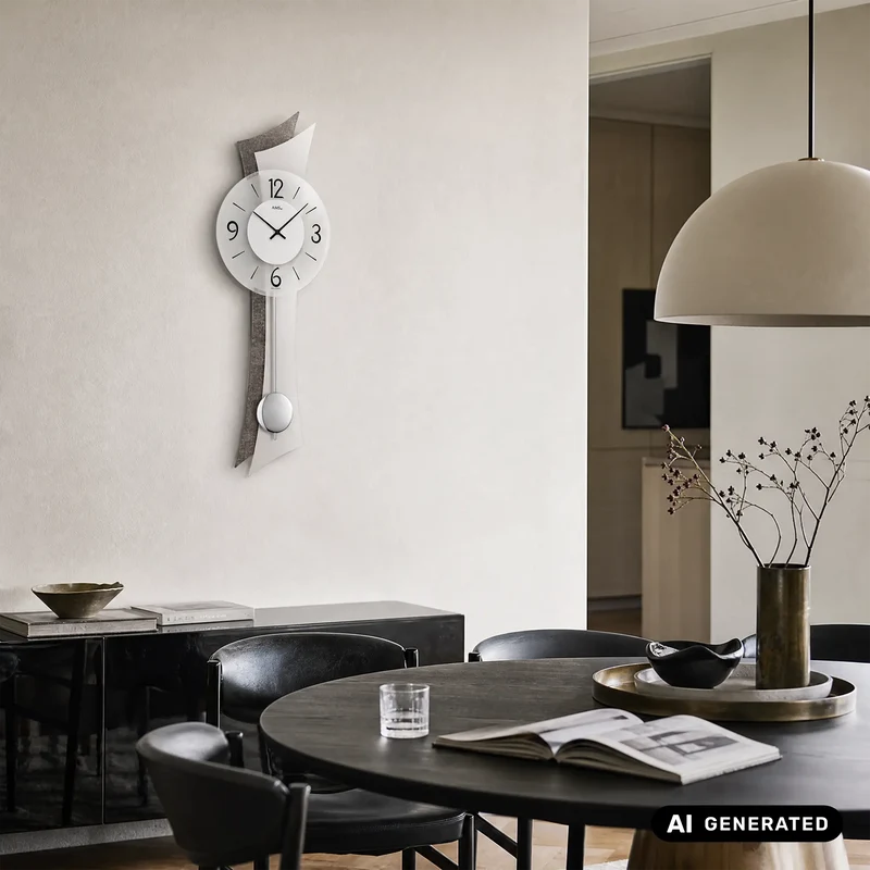 AMS W7426 Wanduhr Kunstleder • Quarz-Pendelwerk • Geschwungenes Holzgehäuse