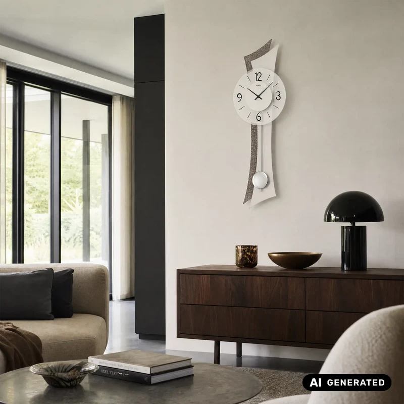 AMS W7426 Wanduhr Kunstleder • Quarz-Pendelwerk • Geschwungenes Holzgehäuse