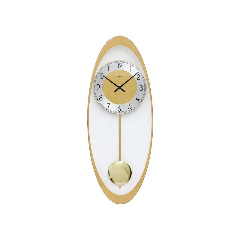 AMS Bozen W7417 Wanduhr Gold • Quarz-Pendelwerk • Ovale Glasplatte