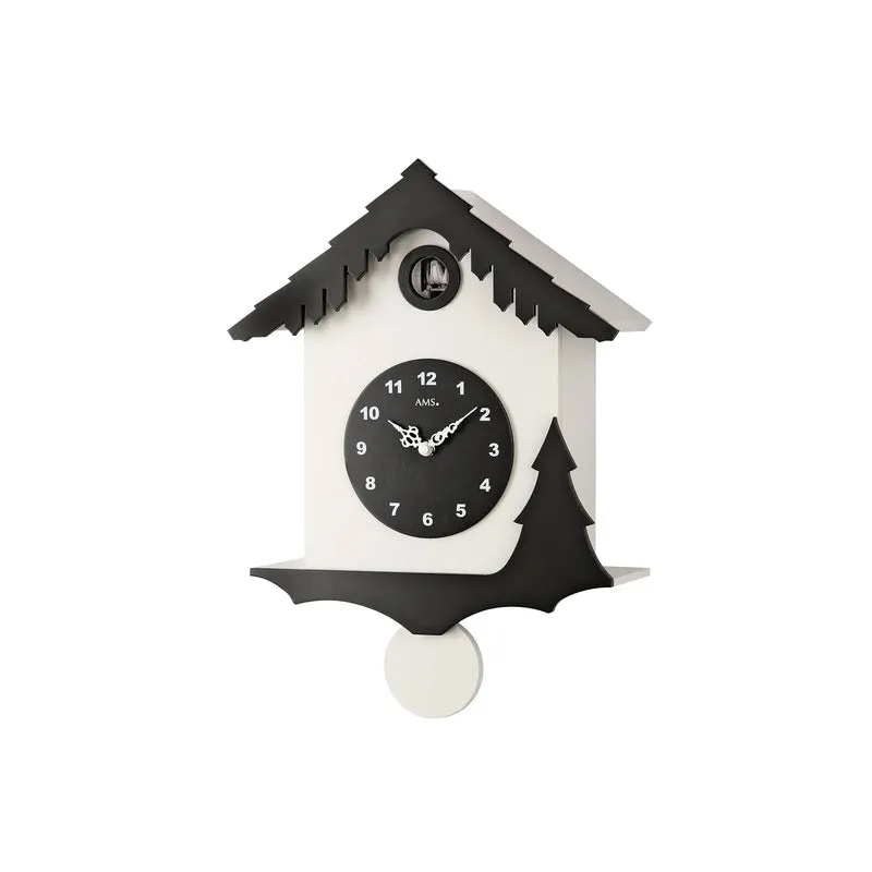 AMS Tuningen W7391 Wanduhr Schwarz/Weiß • Quarz-Pendelwerk • Kuckucksruf mit Nachtabschaltung