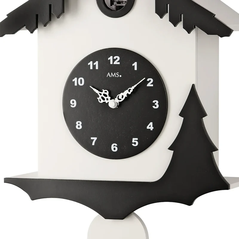 AMS Tuningen W7391 Wanduhr Schwarz/Weiß • Quarz-Pendelwerk • Kuckucksruf mit Nachtabschaltung