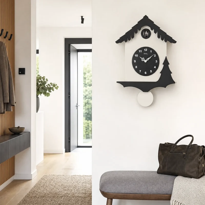 AMS Tuningen W7391 Wanduhr Schwarz/Weiß • Quarz-Pendelwerk • Kuckucksruf mit Nachtabschaltung
