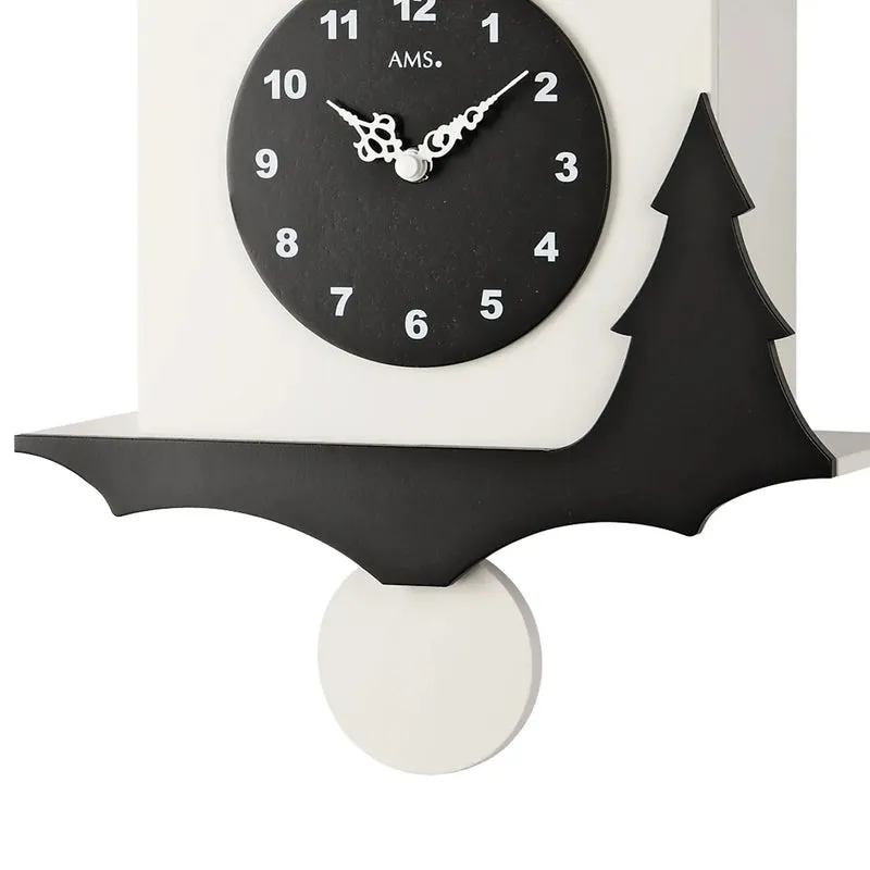 AMS Tuningen W7391 Wanduhr Schwarz/Weiß • Quarz-Pendelwerk • Kuckucksruf mit Nachtabschaltung