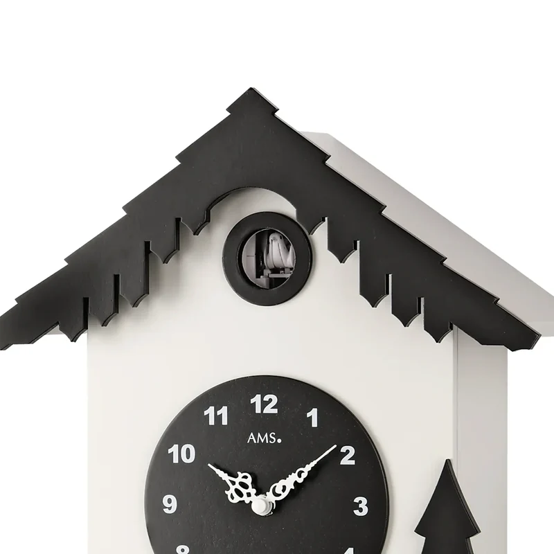 AMS Tuningen W7391 Wanduhr Schwarz/Weiß • Quarz-Pendelwerk • Kuckucksruf mit Nachtabschaltung