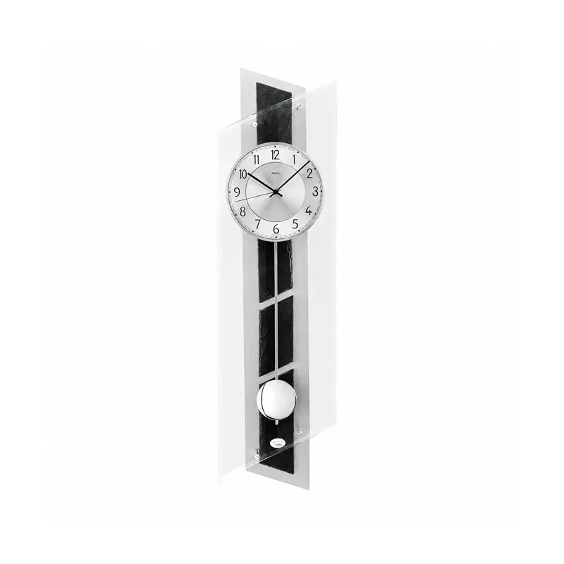 AMS W7217 Wanduhr Silber • Quarz-Pendelwerk • Aluminium auf Schiefer