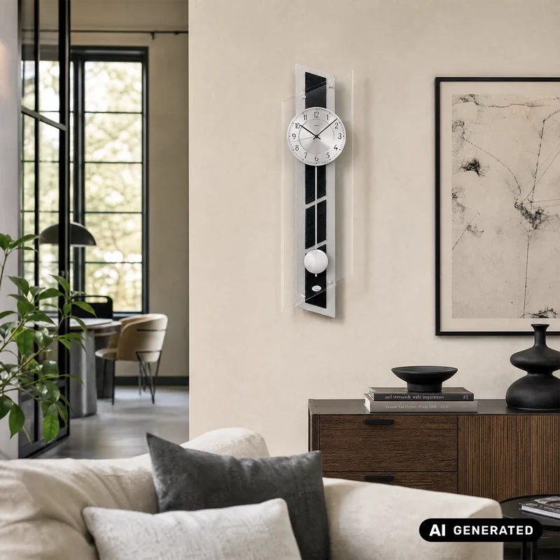 AMS W7217 Wanduhr Silber • Quarz-Pendelwerk • Aluminium auf Schiefer