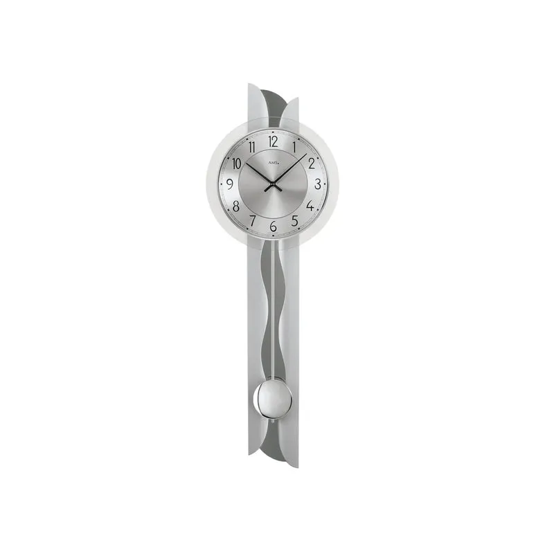 AMS Pendeluhr W7216 Wanduhr Silber • Quarz-Pendelwerk • Mineralglas