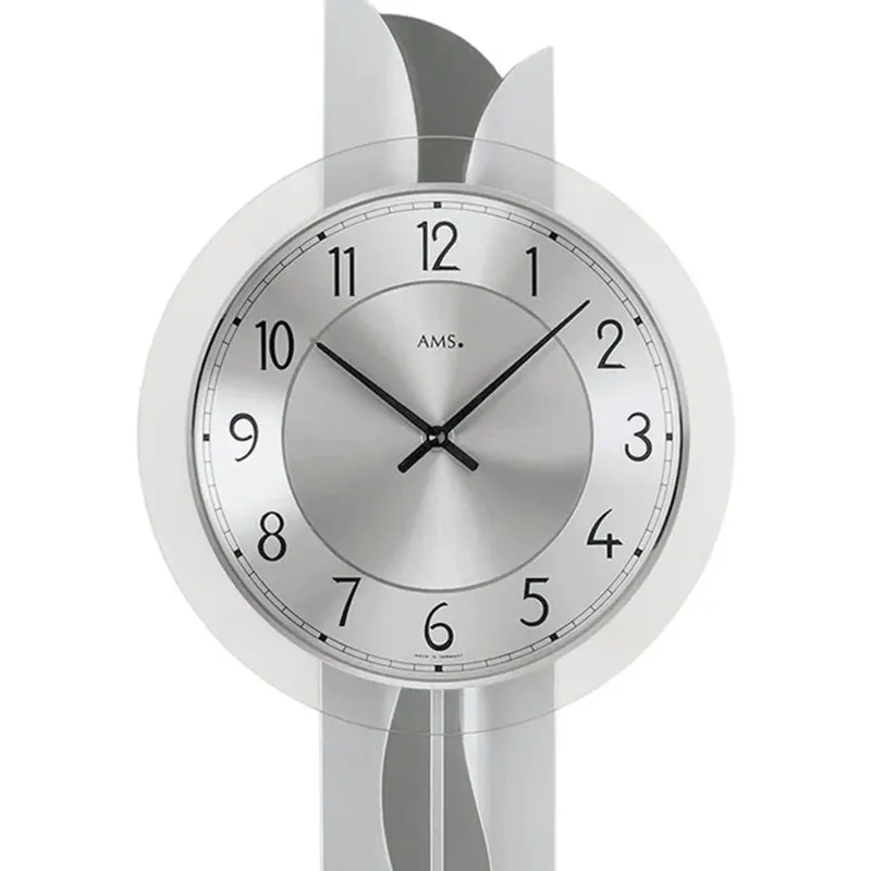 AMS Pendeluhr W7216 Wanduhr Silber • Quarz-Pendelwerk • Mineralglas