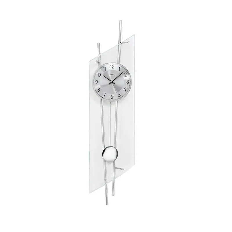 AMS W7200 Wanduhr Silber • Quarz-Pendelwerk • Facettgeschliffenes Mineralglas