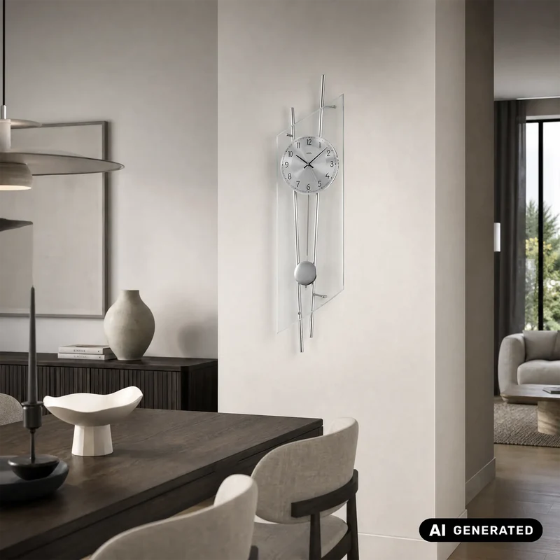 AMS W7200 Wanduhr Silber • Quarz-Pendelwerk • Facettgeschliffenes Mineralglas