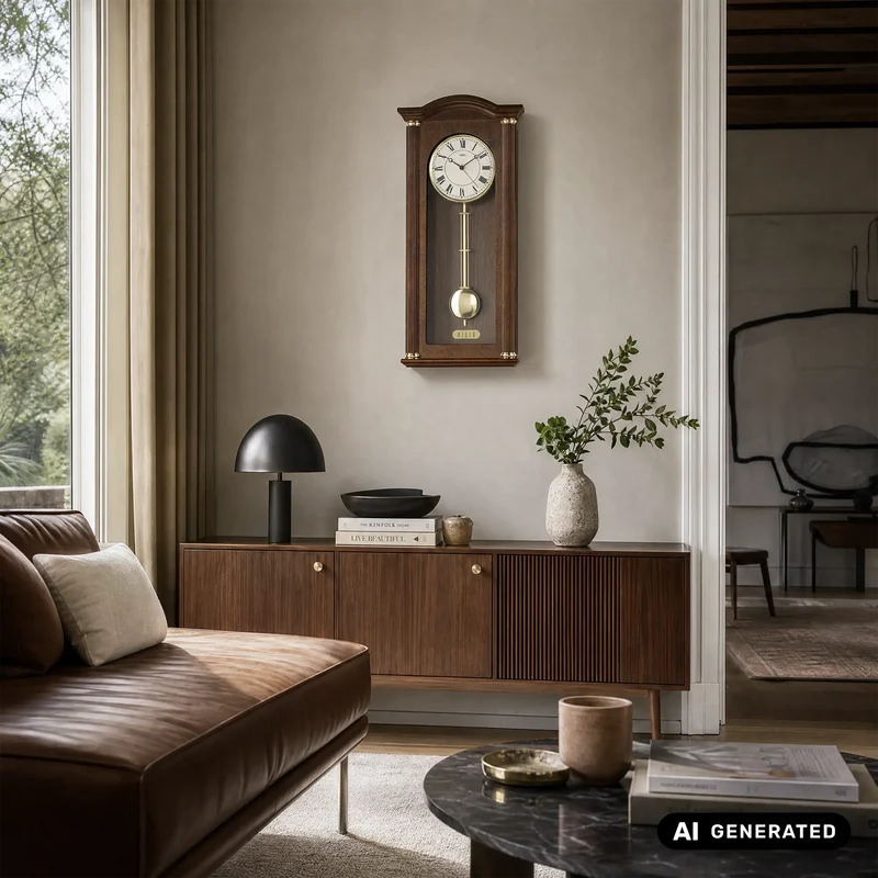 AMS W7014/1 Wanduhr Nussbaum • Westminster/Bim-Bam Schlagwerk • Quarz-Pendelwerk