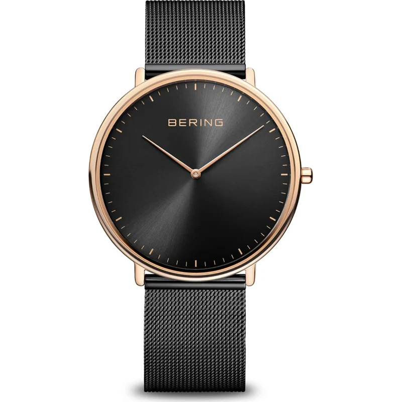 Bering Max René 15739-166 Unisex Armbanduhr Schwarz-Roségold • Saphirglas • Schlankes Milanaise-Meshband