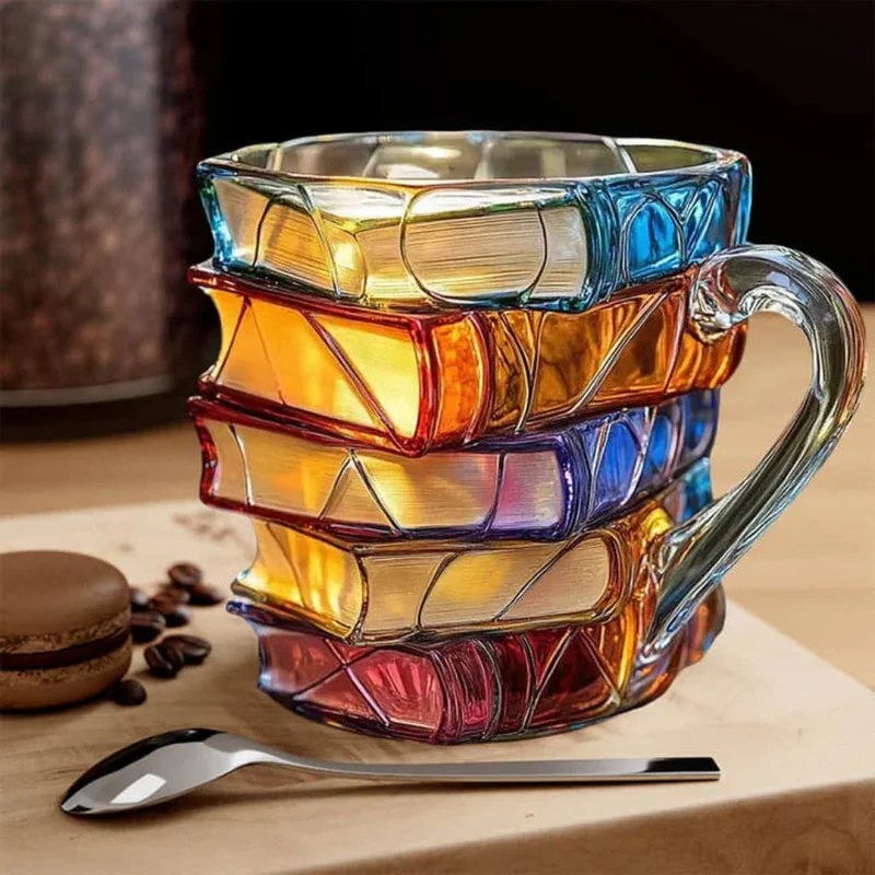 Glazen Beker met 3D Boekenruggen Motief 350ml Transparant Literair Design voor Thee Koffie Warme Dranken | Sansoti