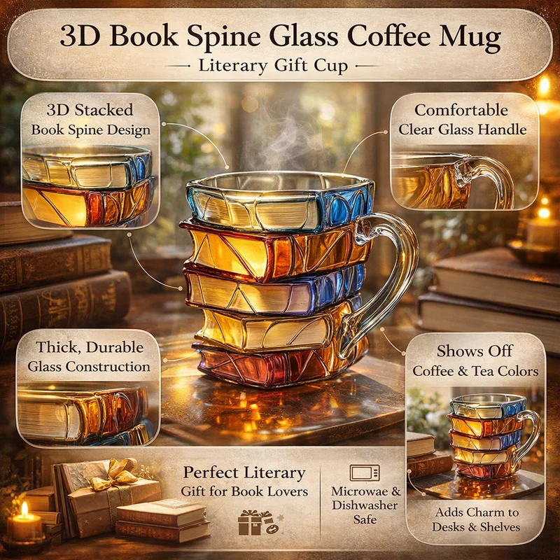 Glazen Beker met 3D Boekenruggen Motief 350ml Transparant Literair Design voor Thee Koffie Warme Dranken | Sansoti