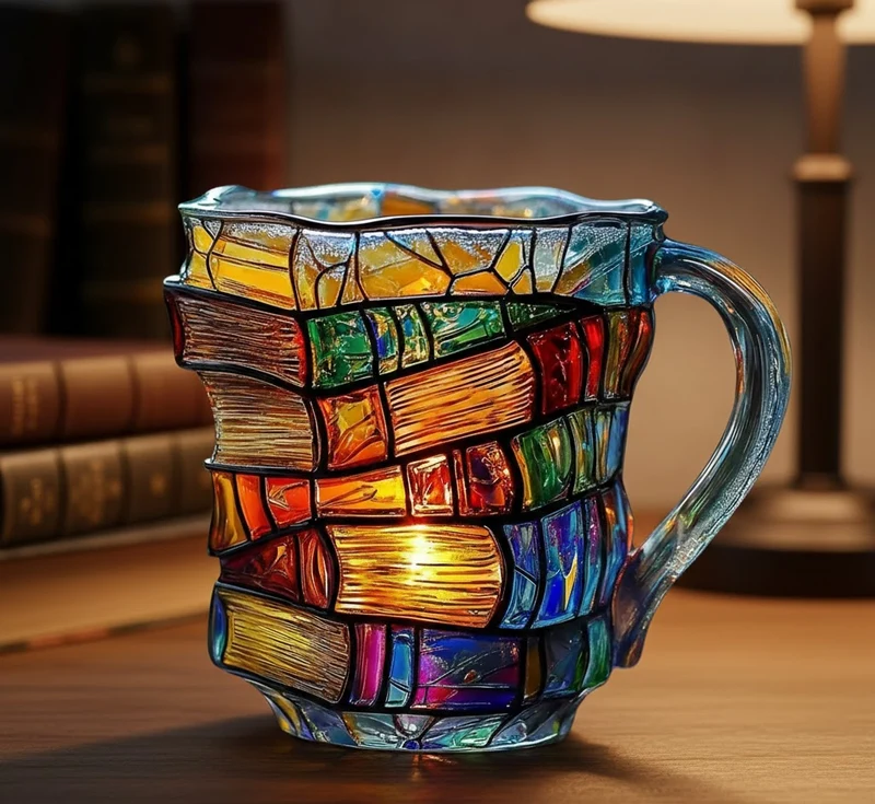 Glazen Beker met 3D Boekenruggen Motief 350ml Transparant Literair Design voor Thee Koffie Warme Dranken | Sansoti