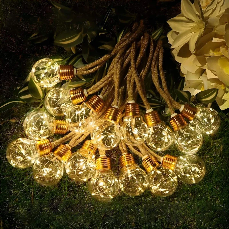 Zonne-energie Lichtsnoer Tuin 33ft LED Warm Wit Henneptouw Decoratief Buiten Terras Sfeerverlichting Waterdicht | Sansoti