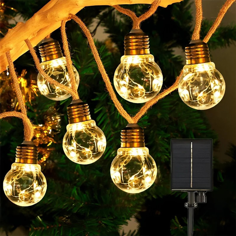 Zonne-energie Lichtsnoer Tuin 33ft LED Warm Wit Henneptouw Decoratief Buiten Terras Sfeerverlichting Waterdicht | Sansoti