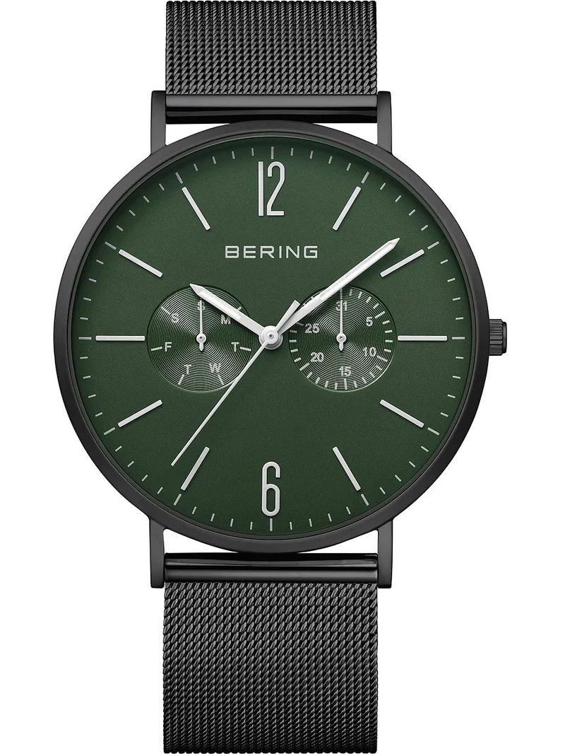 Bering Classic 14240-128 Herren Armbanduhr Grün-Schwarz • Meshband aus Edelstahl • Multifunktions-Quarzwerk