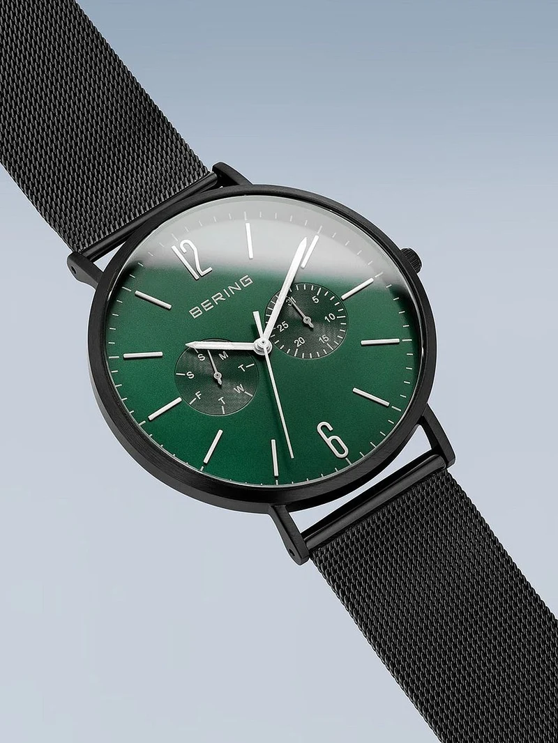 Bering Classic 14240-128 Herren Armbanduhr Grün-Schwarz • Meshband aus Edelstahl • Multifunktions-Quarzwerk