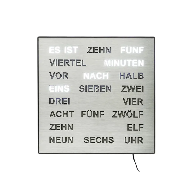 AMS T1245 Tisch- und Wanduhr Aluminium • Wortuhr mit LED-Anzeige • Netz- und Wandbetrieb