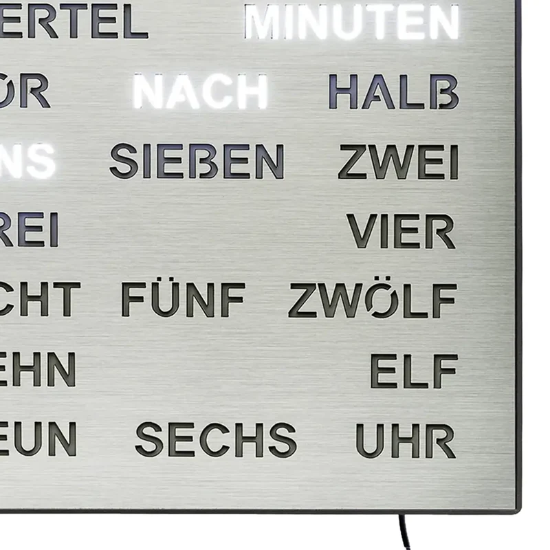 AMS T1245 Tisch- und Wanduhr Aluminium • Wortuhr mit LED-Anzeige • Netz- und Wandbetrieb