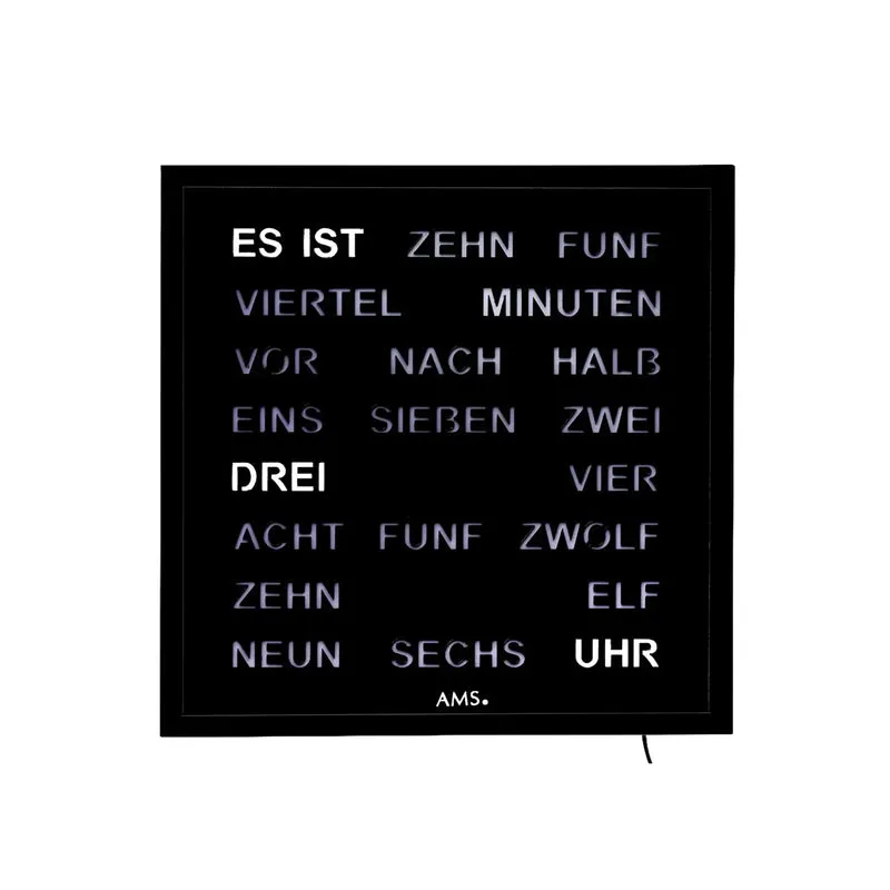 AMS T1265 Wanduhr Schwarz • Wortuhr mit LED-Anzeige • Netzbetrieb 220V