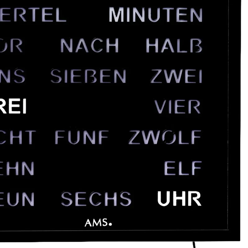 AMS T1265 Wanduhr Schwarz • Wortuhr mit LED-Anzeige • Netzbetrieb 220V