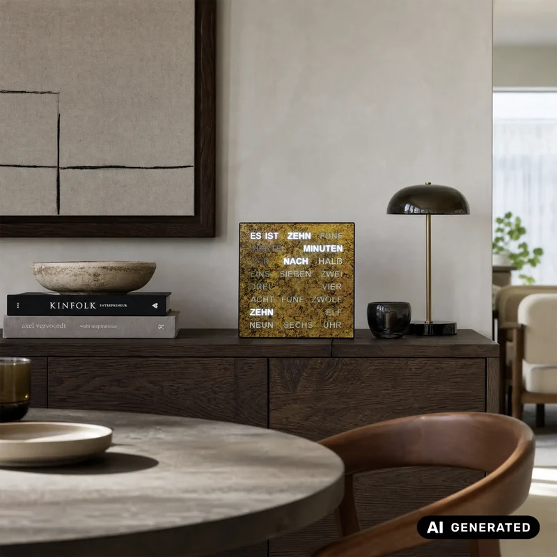 AMS T1243 Tisch- und Wanduhr Goldbraun • Wortuhr mit LED-Anzeige • Netz­betrieben