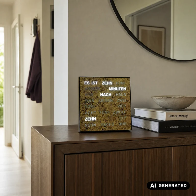 AMS T1243 Tisch- und Wanduhr Goldbraun • Wortuhr mit LED-Anzeige • Netz­betrieben