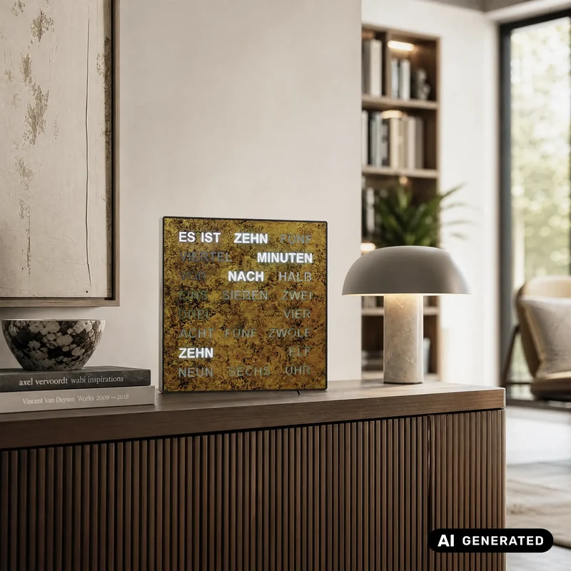AMS T1243 Tisch- und Wanduhr Goldbraun • Wortuhr mit LED-Anzeige • Netz­betrieben