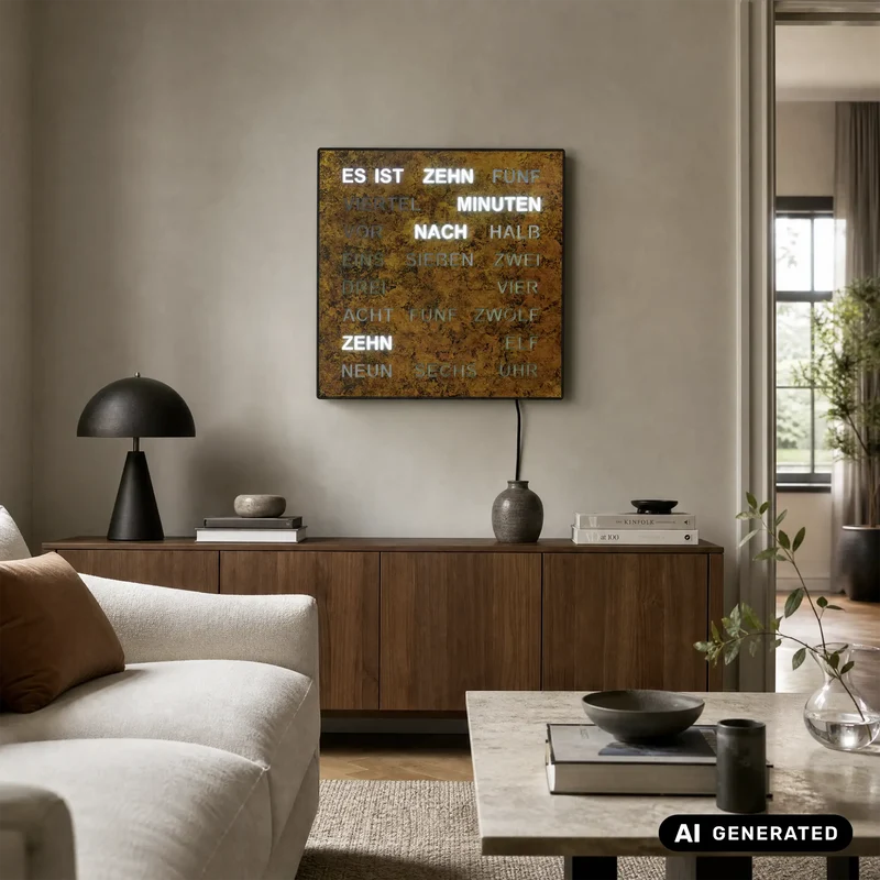 AMS T1243 Tisch- und Wanduhr Goldbraun • Wortuhr mit LED-Anzeige • Netz­betrieben