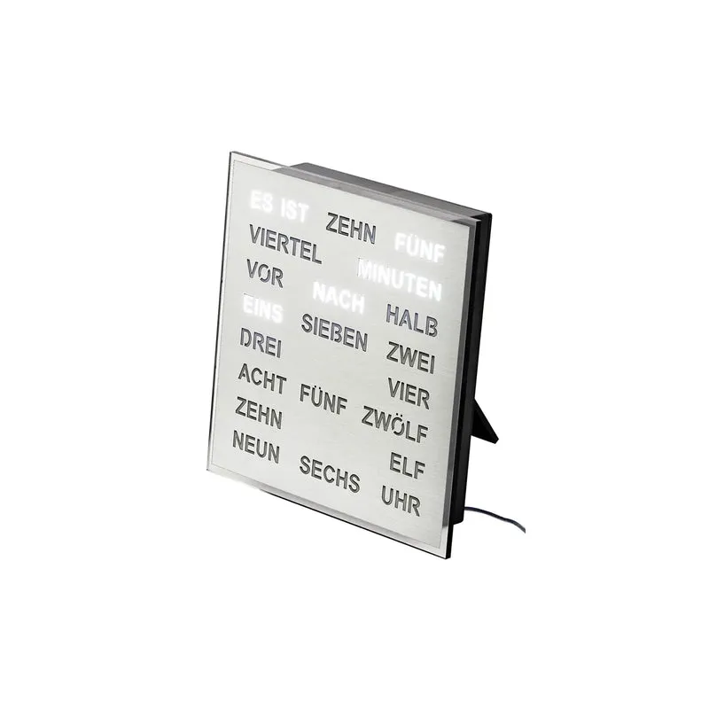 AMS T1242 Tisch- und Wanduhr Aluminium • LED Wortuhr • Netzbetrieb mit 220V Adapter