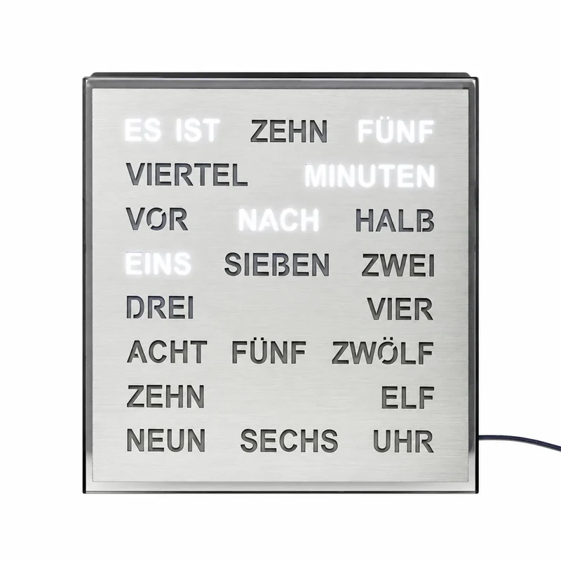 AMS T1242 Tisch- und Wanduhr Aluminium • LED Wortuhr • Netzbetrieb mit 220V Adapter