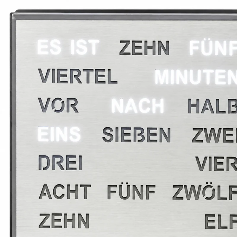 AMS T1242 Tisch- und Wanduhr Aluminium • LED Wortuhr • Netzbetrieb mit 220V Adapter
