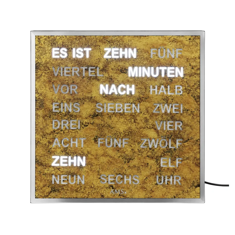 AMS T1240 Wanduhr Goldbraun • Wortuhr mit LED-Anzeige • Netzbetrieb 220V