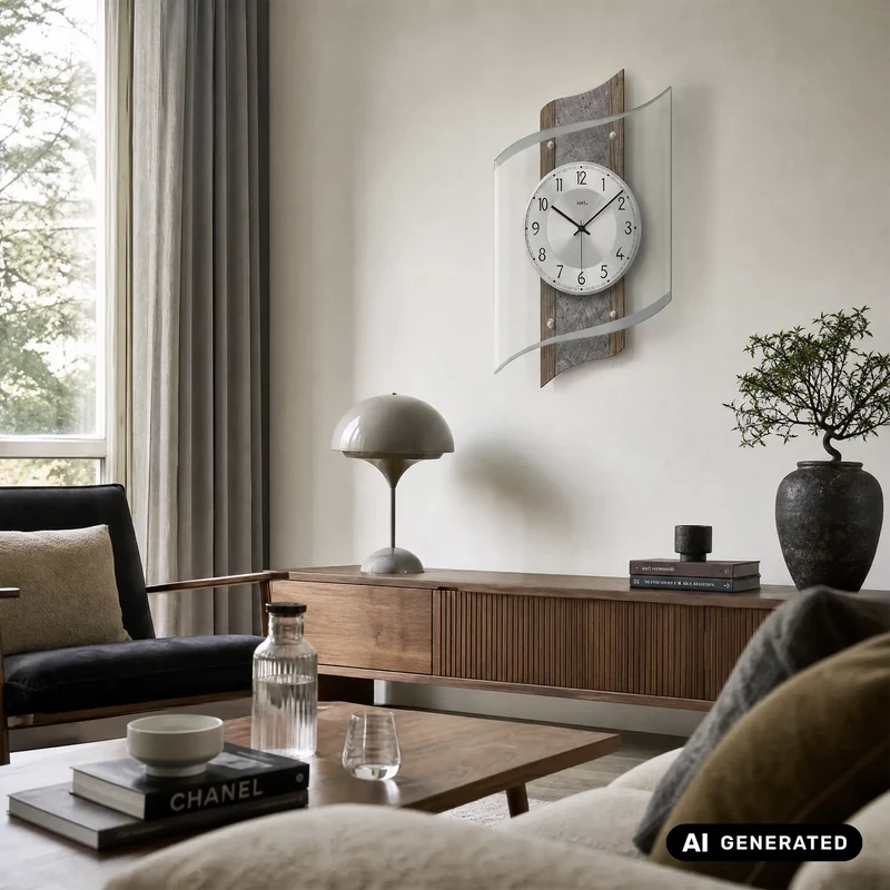 AMS F5518Q Wanduhr Nussbaum • Facettiertes Mineralglas • Nussbaumdekor mit Naturstein-Veredelung