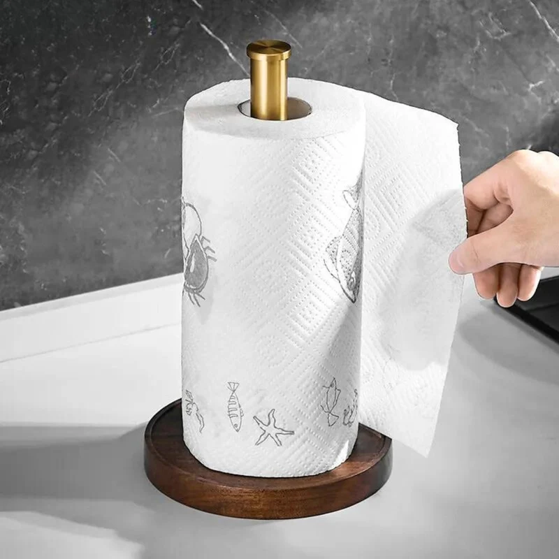 Keukenrolhouder Walnoothout RVS 31cm Donkerbruin Keuken Tafel Staand Design Keukenaccessoire Houder Papierrol Modern | Sansoti