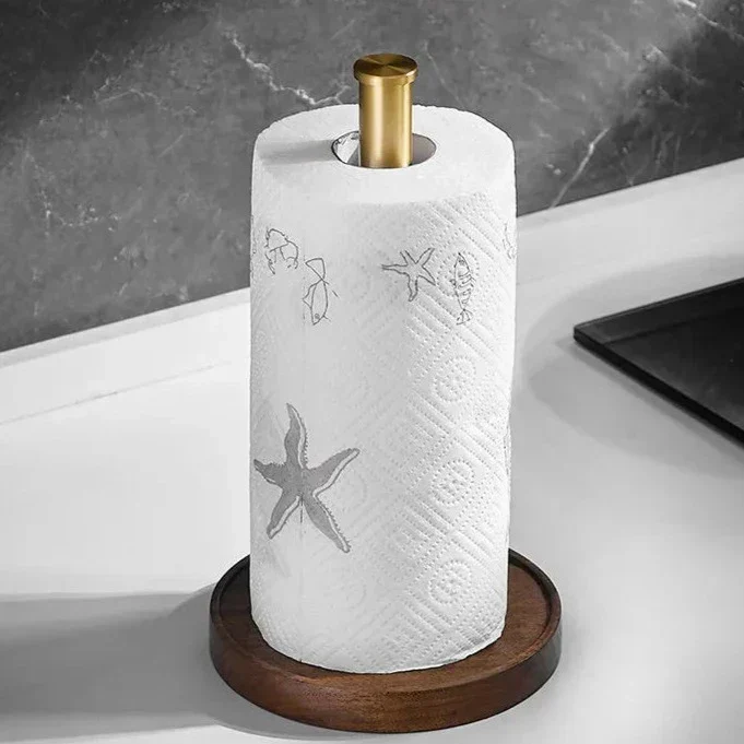 Keukenrolhouder Walnoothout RVS 31cm Donkerbruin Keuken Tafel Staand Design Keukenaccessoire Houder Papierrol Modern | Sansoti