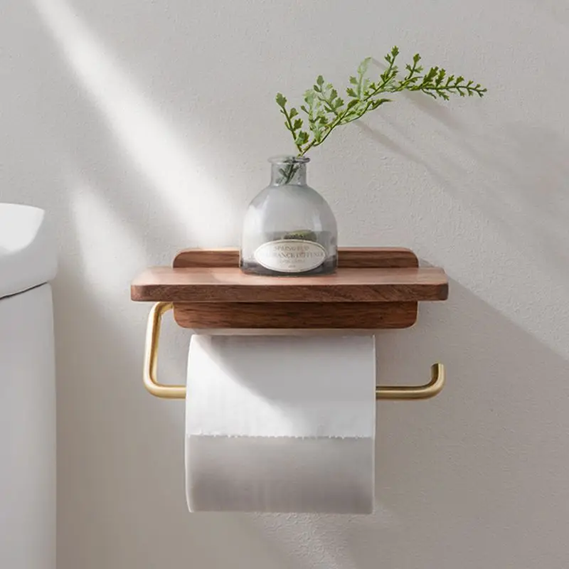 Toiletrolhouder Hout Walnoot Wandmontage Bruin Met Plank Badkamer Toilet Papierhouder Wandrek Minimalistisch Interieur | Sansoti