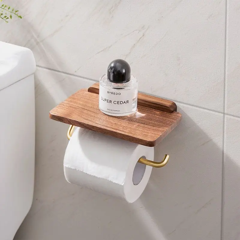 Toiletrolhouder Hout Walnoot Wandmontage Bruin Met Plank Badkamer Toilet Papierhouder Wandrek Minimalistisch Interieur | Sansoti