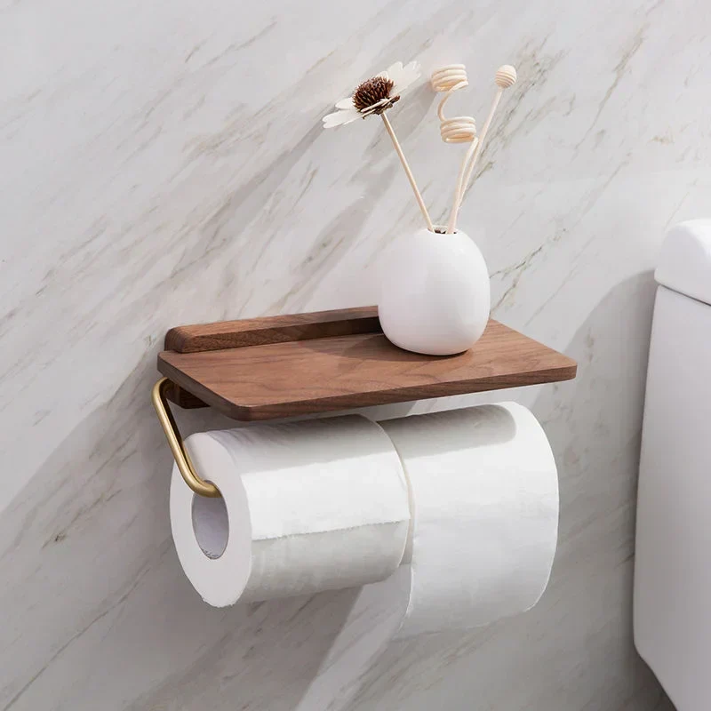 Toiletrolhouder Hout Walnoot Wandmontage Bruin Met Plank Badkamer Toilet Papierhouder Wandrek Minimalistisch Interieur | Sansoti
